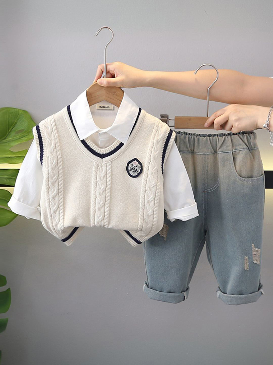 INCLUD Boys Self-Design Shirt Collar Sleeveless Pullover With & Trousers Clothing Set