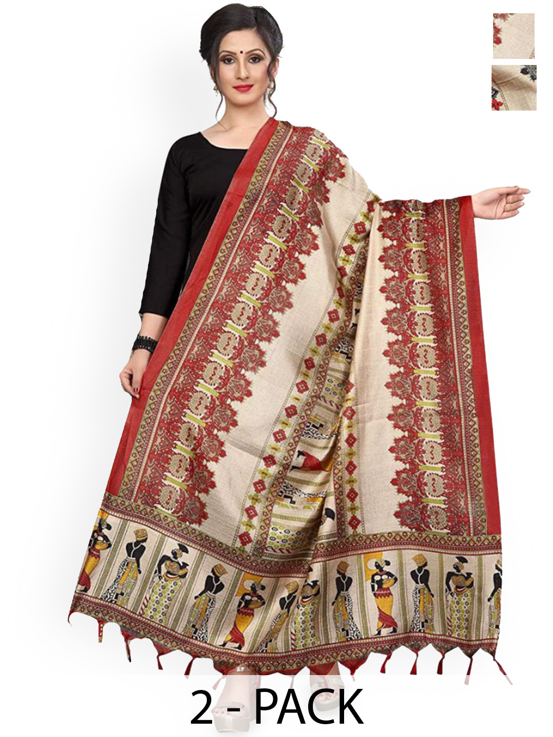 Kemza Selection Of 2 Madhubani Printed Cotton Silk Dupattas