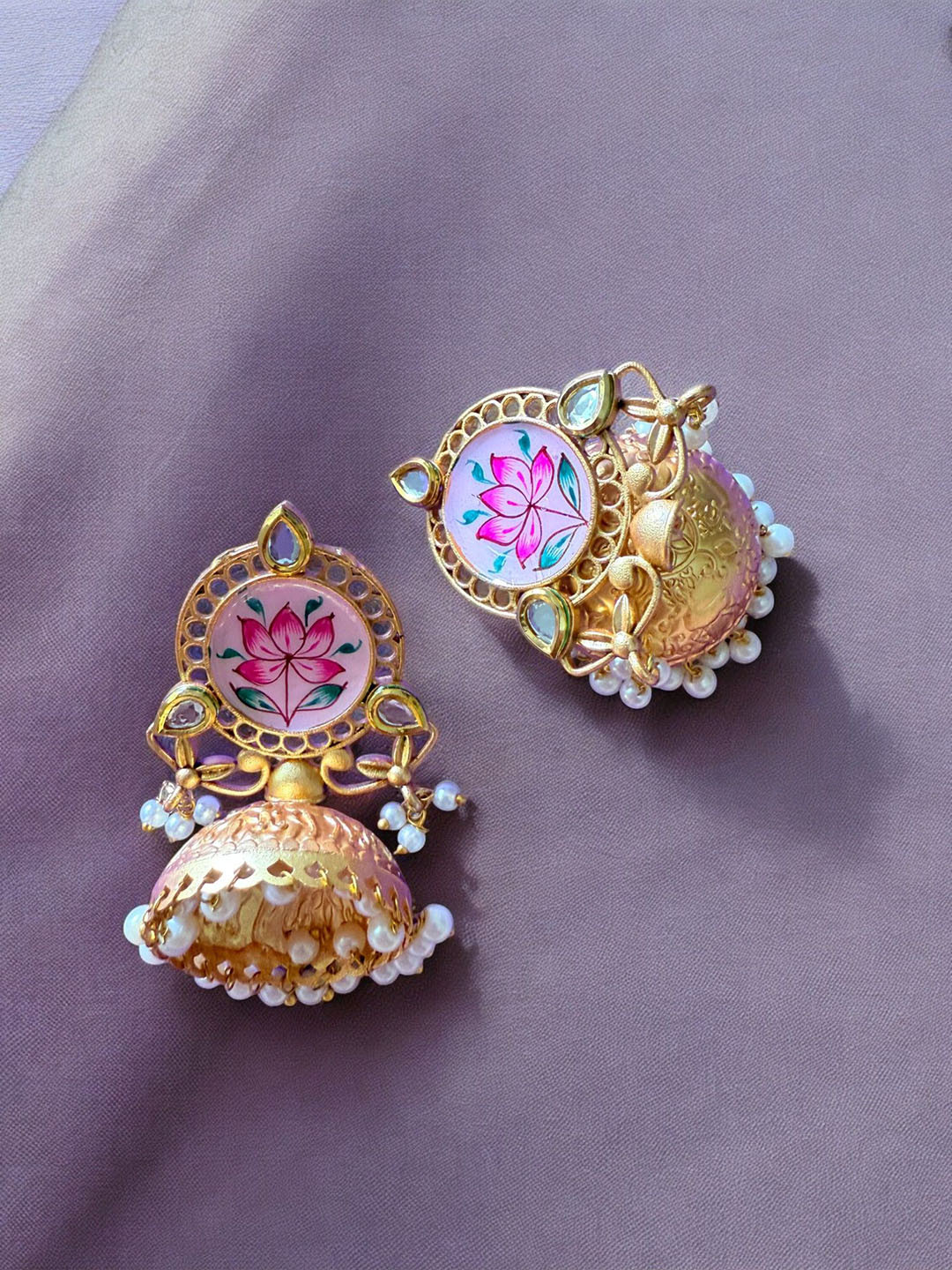 House of Pataudi Gold-Plated Dome Shaped Kundan Studded Meenakari Jhumkas