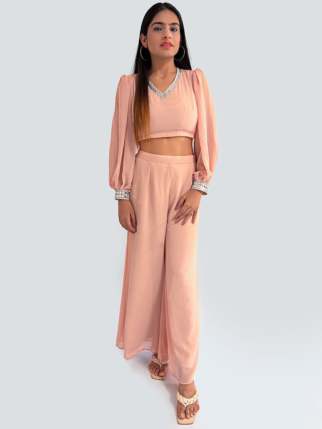 Niyaksha Woman Embroidered V-Neck Long Sleeve Top With Palazzo Co-Ords