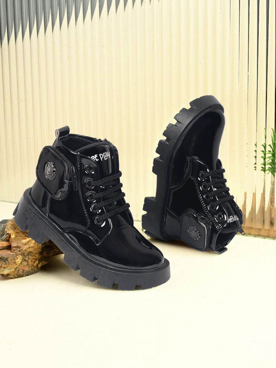 Freeplay Boys Black Fashion Solid Glossy Round Toe Lace-Up Boots