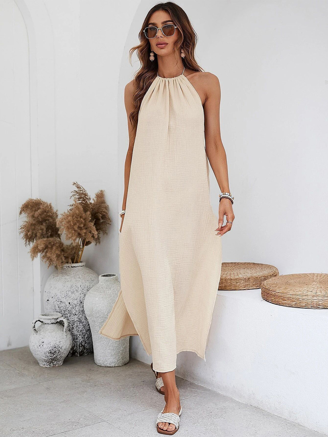 Outzidr Women Checked Halter Neck Slits Midi Dress