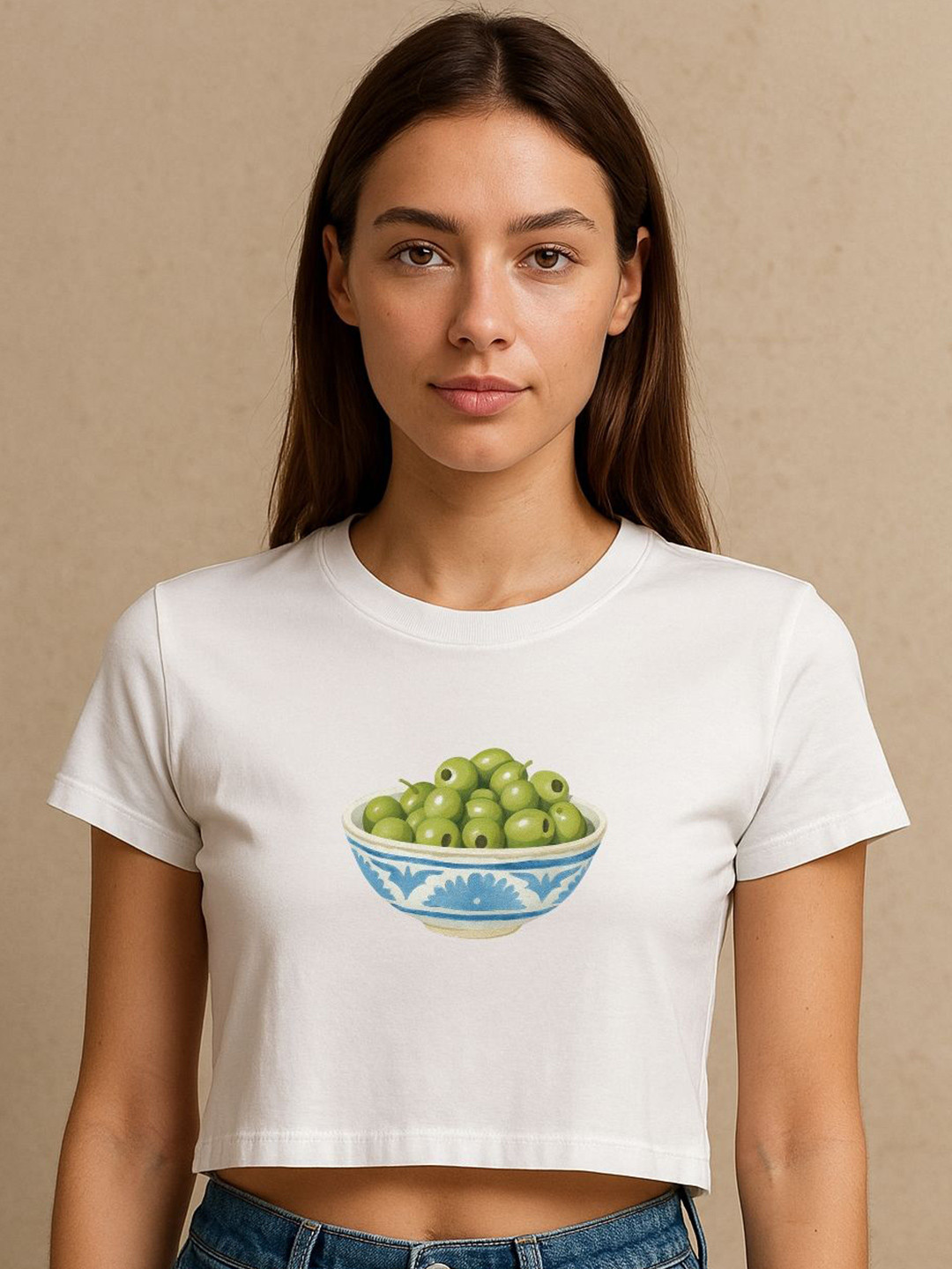 Art By Ritik Women Printed Cotton Olive Bowl Crop Tee Top
