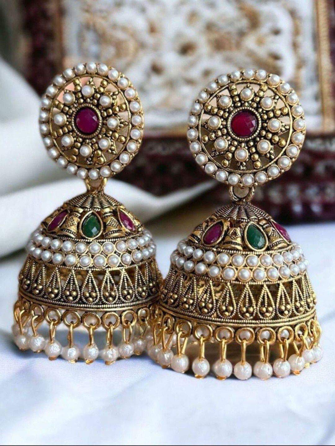 Misba Premium Collection Gold-Plated Stones Studded & Pearls Beaded Dome Shaped Jhumkas