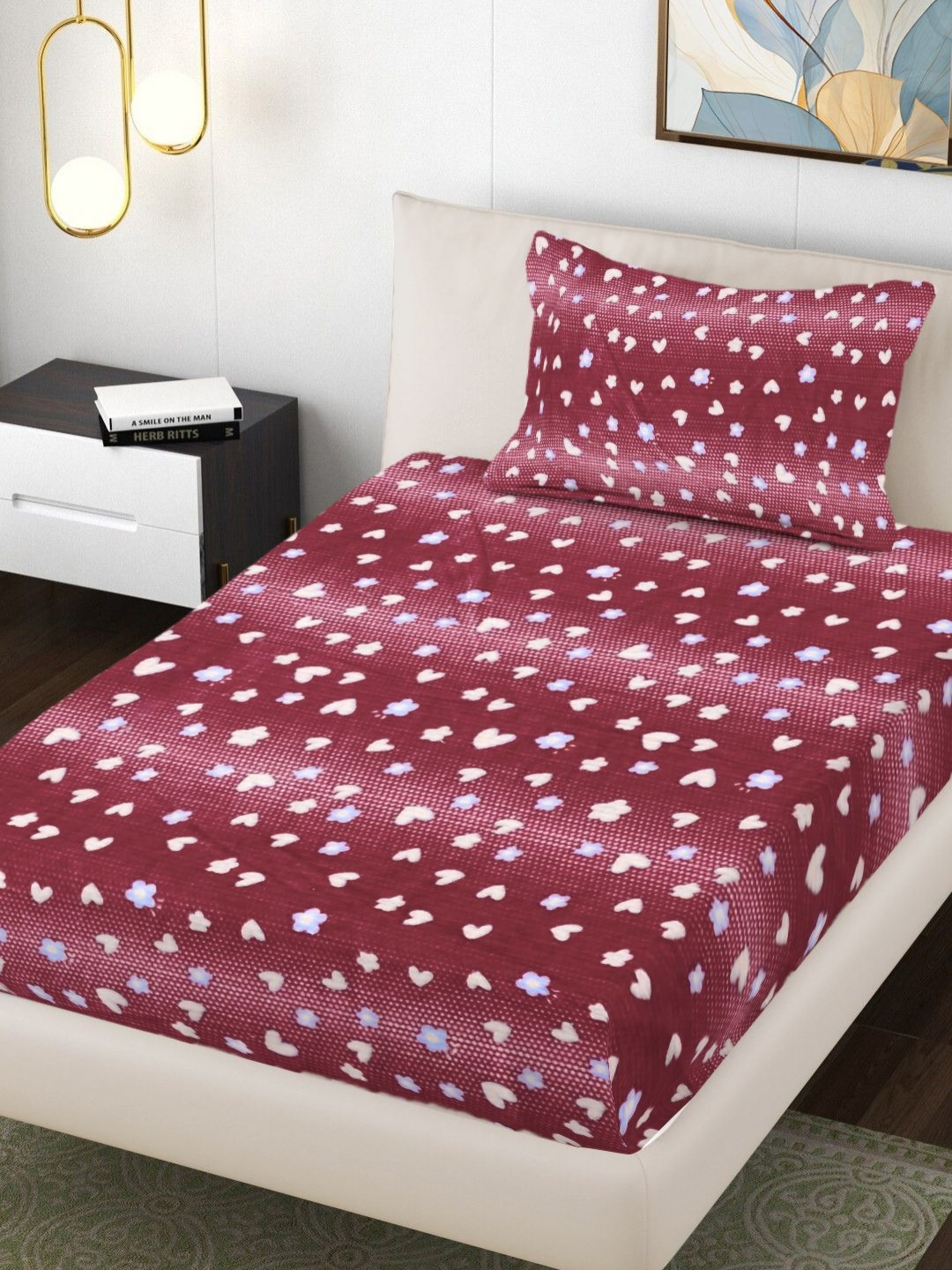 Myntra Elegant Homes Red Printed 300TC Woolen Single Bedsheet Set 2.20 m x 1.50 m