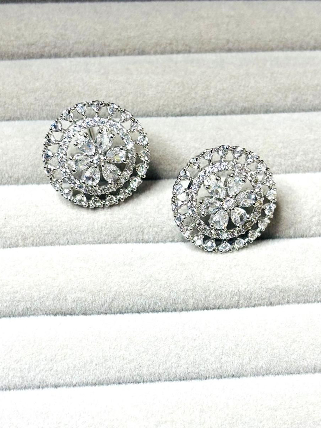 LA FILLE D'OR Silver-Plated Cubic Zirconia Studded Circular Studs