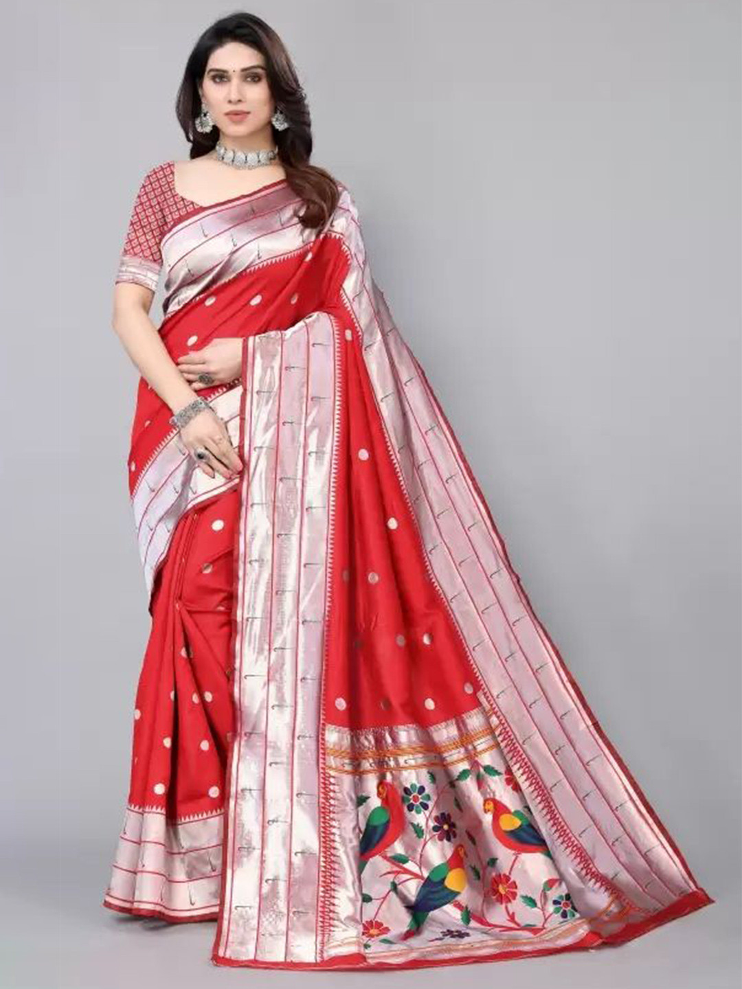 NS WORLD Polka Dots Woven Design Zari Satin Saree