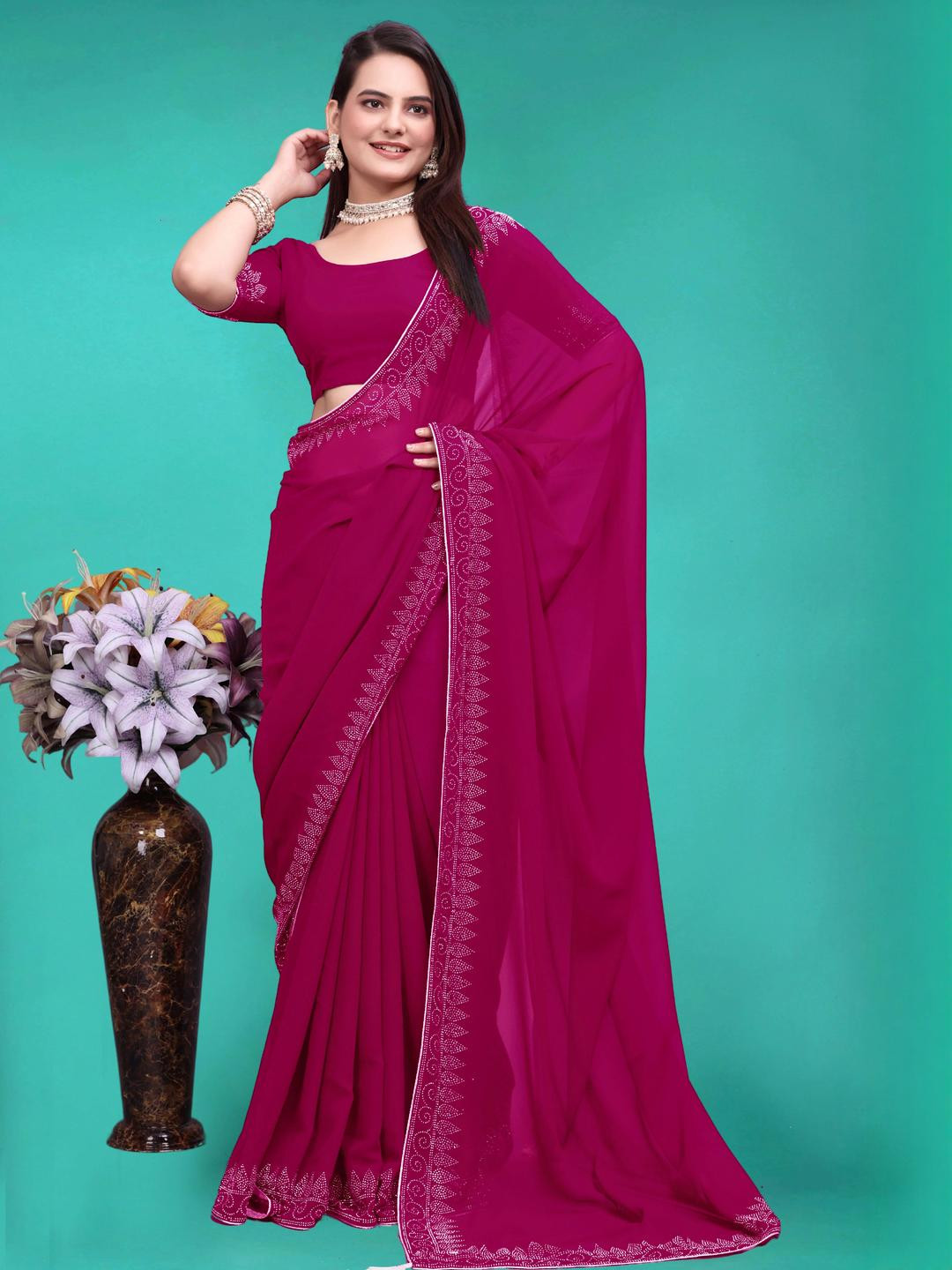 SHELDROM MART Embellished Beads and Stones Pure Georgette Saree