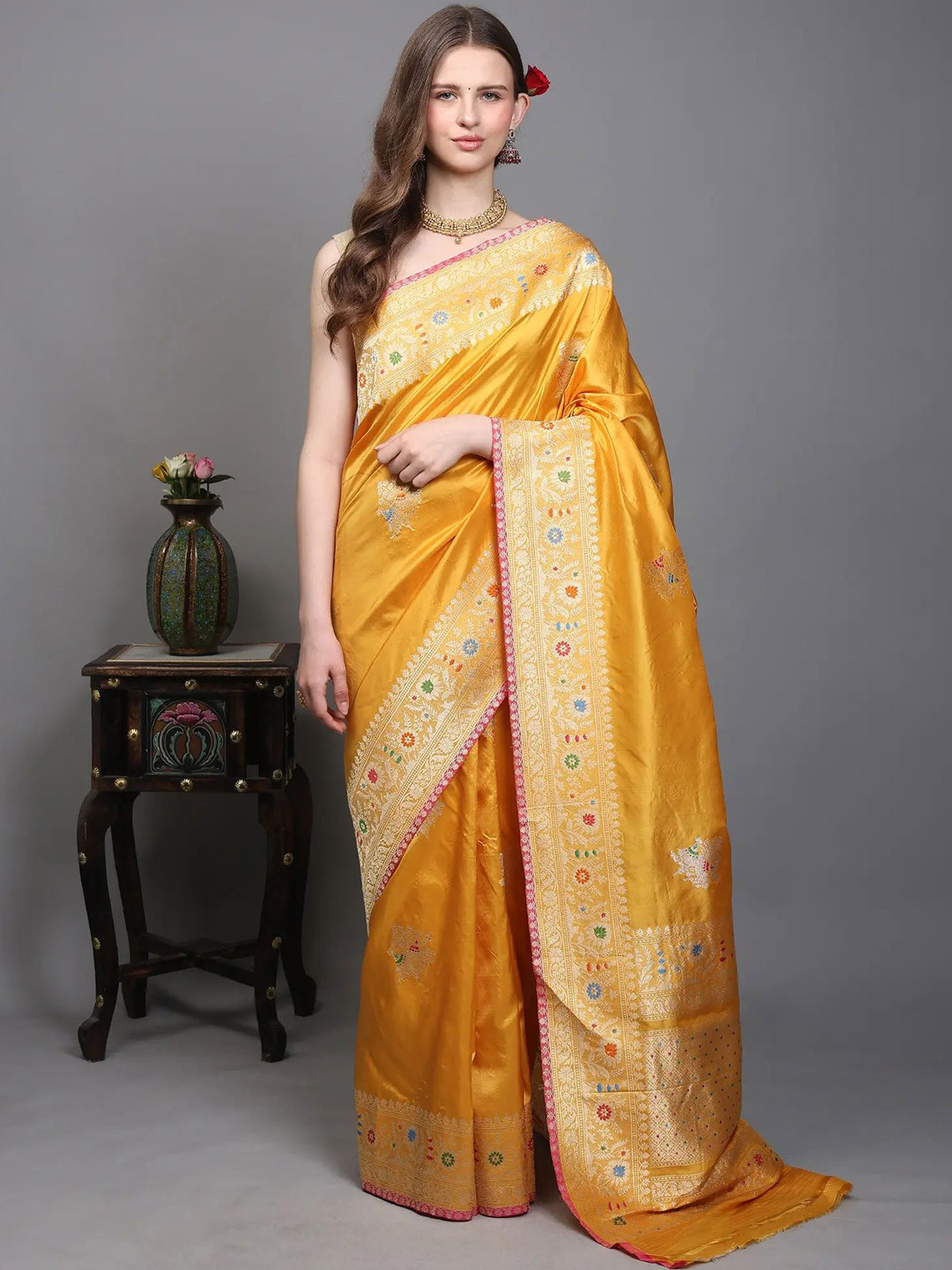 Exotic India Golden-Rod Banarasi Saree with Woven Meenakari Floral Motifs