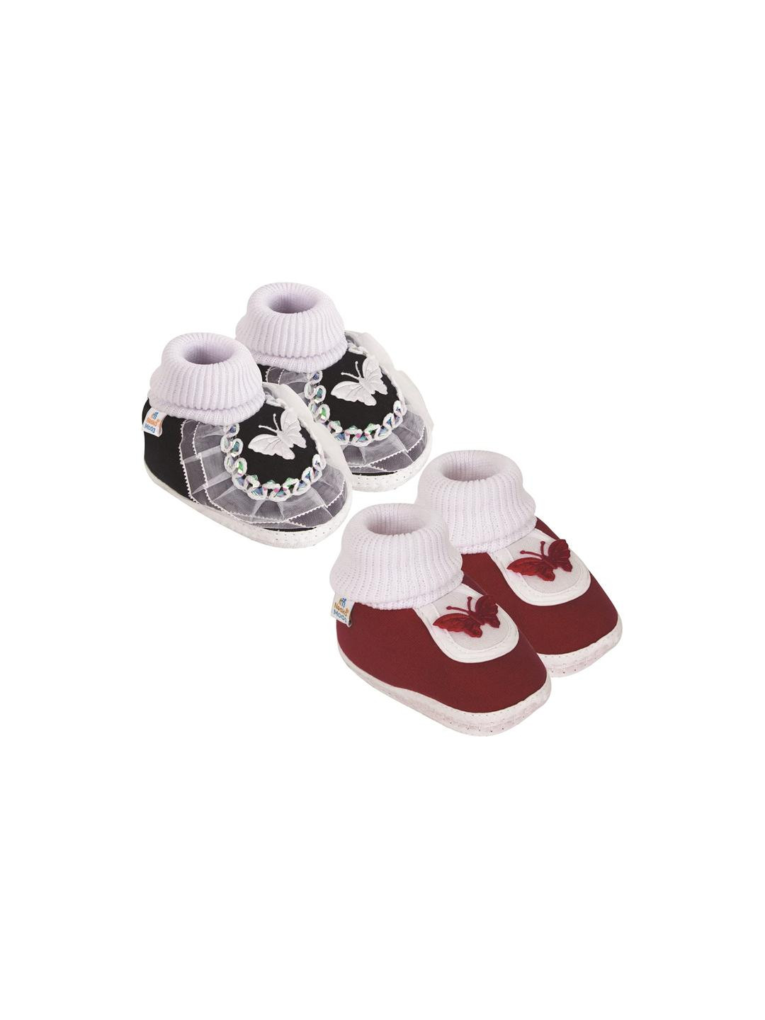NESKA MODA Girls Set Of 2 Maroon & Black Butterfly & Frill Cotton Booties