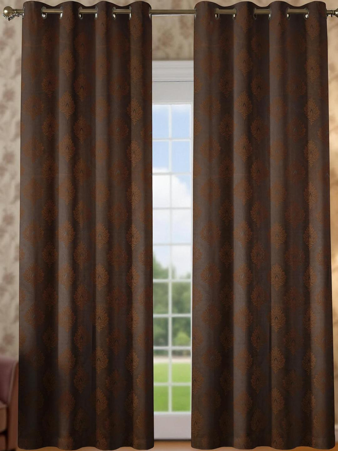 IVAZA Set of 2 Coffee Brown Floral Room Darkening Long Door Curtain