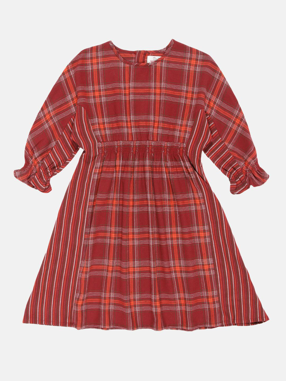 YOUNG BIRDS Girls Checked Puff Sleeves Smocked Cotton Fit & Flare Dress