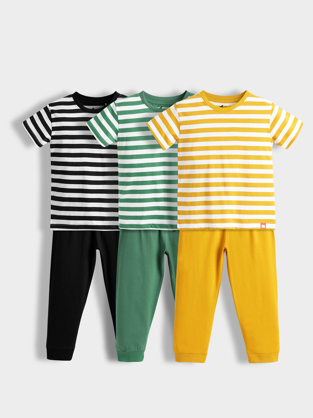 Orange Sugar Kids Pack Of 3 Striped Pure Cotton T-shirt And Joggers Clothing Set