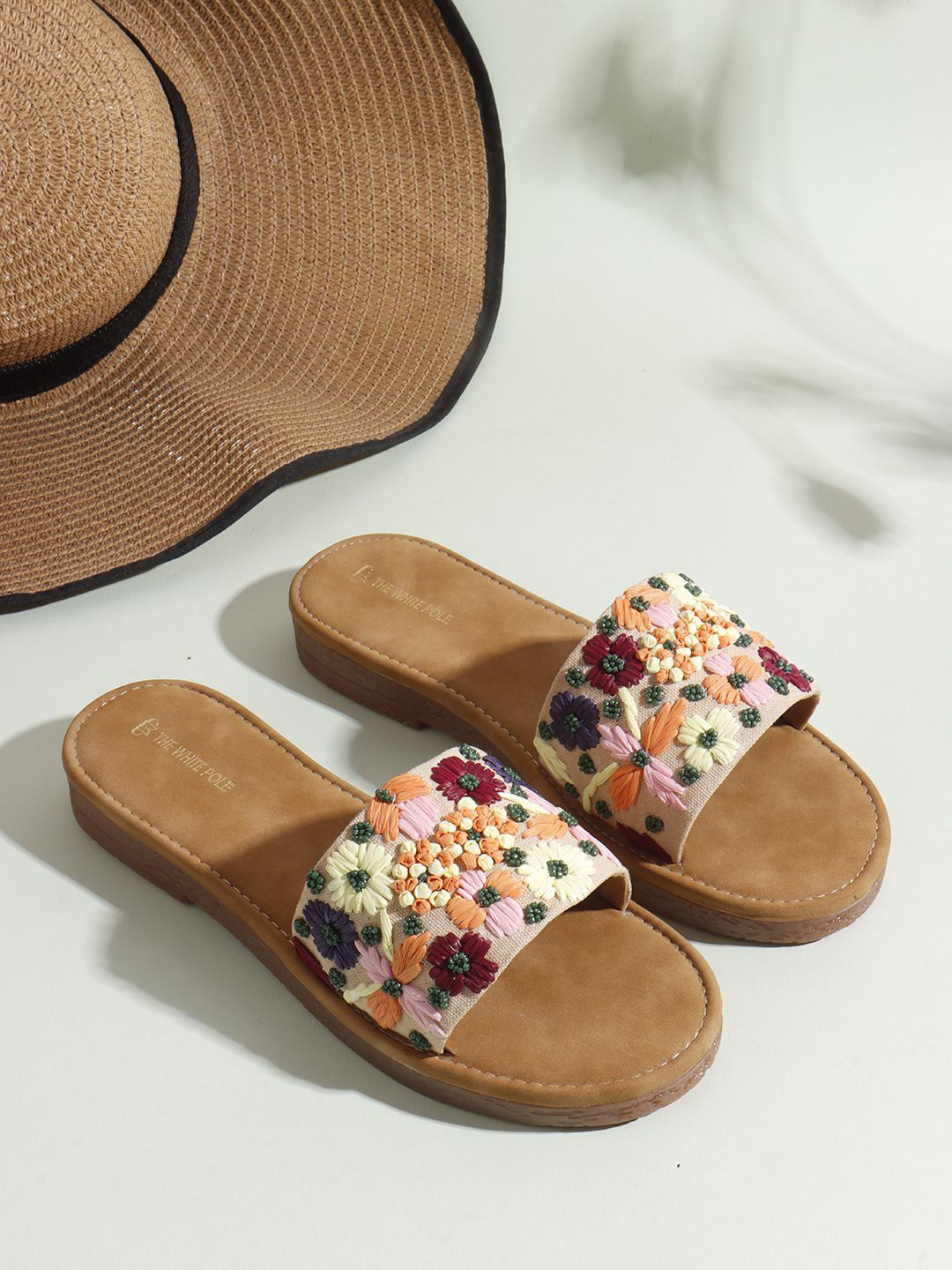 THE WHITE POLE Women Fashionable Trending Embroidery Open Toe Flats