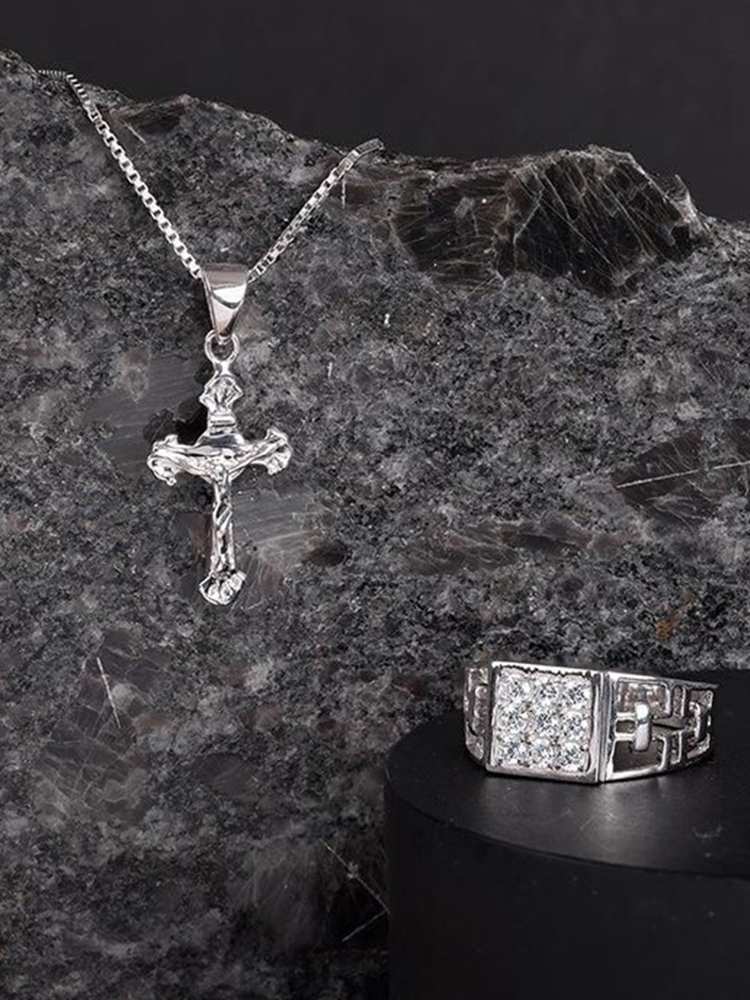 GIVA Men 925 Silver-Plated Zircon Stone Studded Faith And Sparkle Jewellery Set
