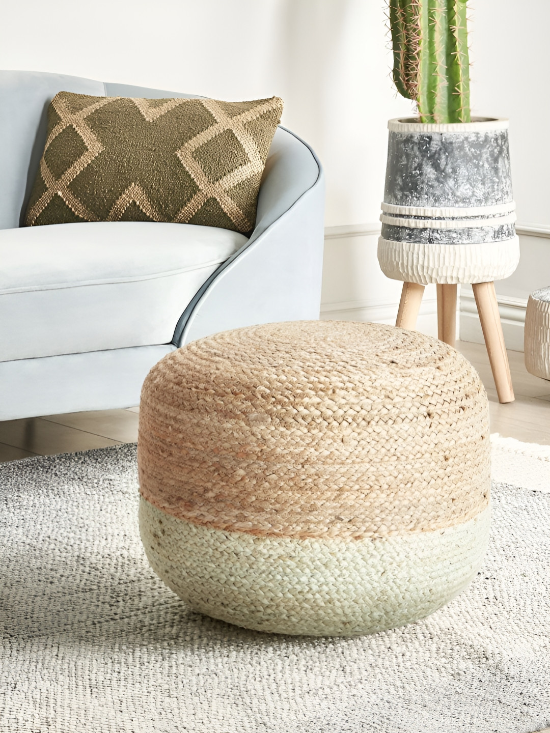 THEGASBH Brown & White Colour-Blocked Round Shaped Braided Ottoman