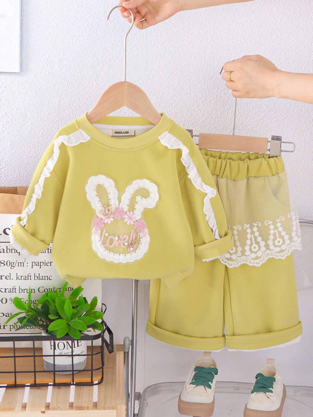 INCLUD Girls Rabbit Applique Self Design Round Neck Pure Cotton Sweatshirt With Trousers