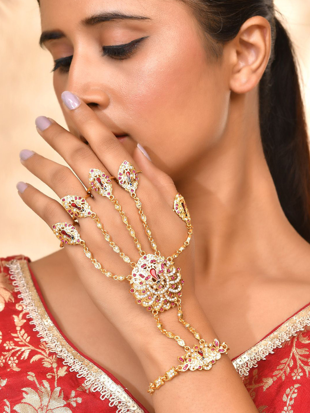 Silvermerc Designs Women Gold-Plated Kundan Studded Ring Bracelet