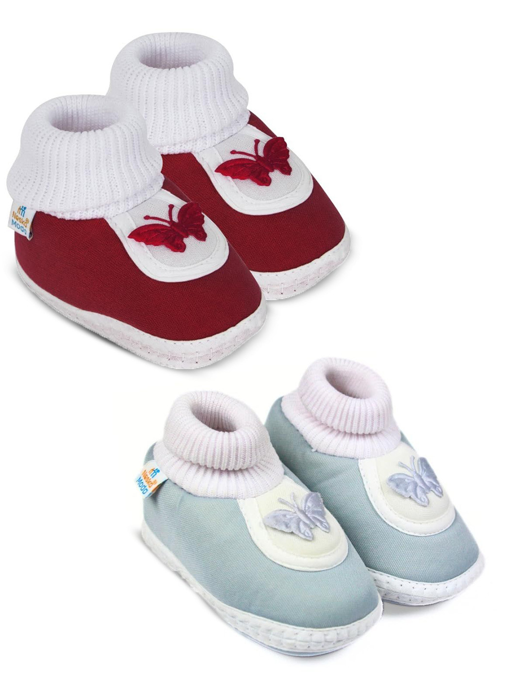 NESKA MODA Unisex Kids Set Of 2 Maroon & Grey Slip On Cotton Booties
