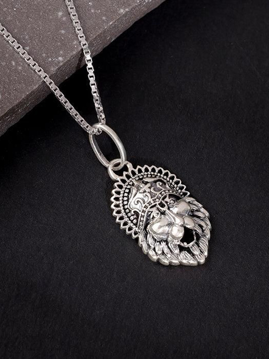 GIVA Men 925 Silver-Plated Oxidised Lionheart Crown Pendant With Box Chain