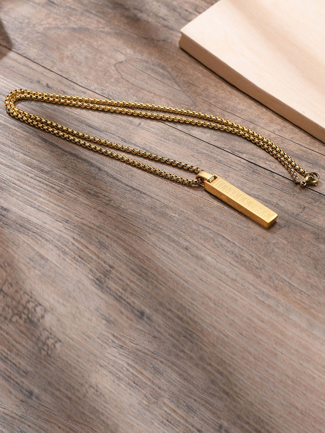 MYKI Men Gold-Plated Stainless Steel Anti-Tarnish Roman Rectangular Pendant With Chain