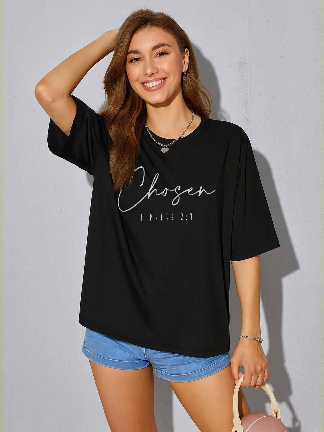 Calm Down Women Black Solid Casual Round Neck Cotton Printed T-shirt