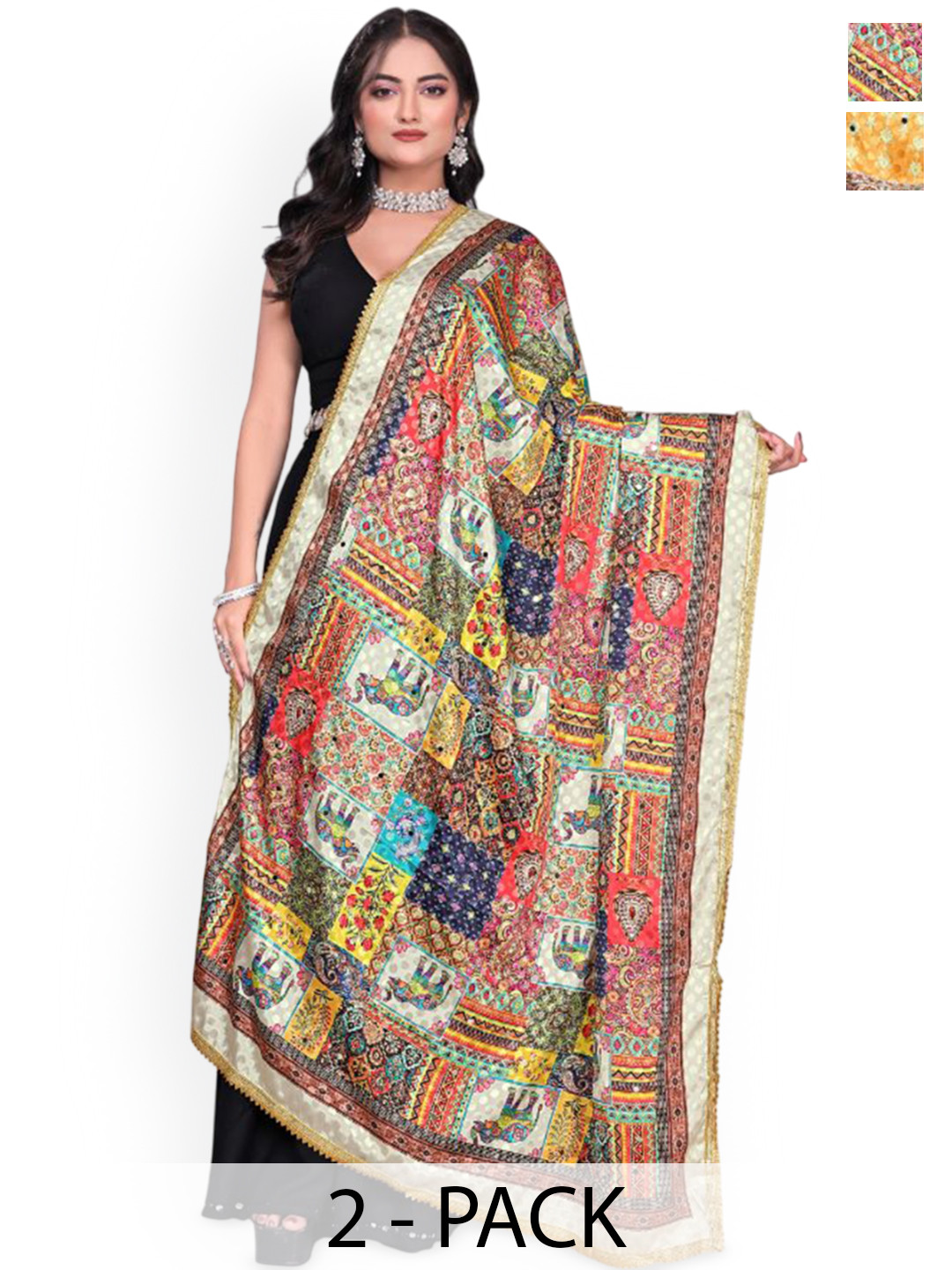 Kemza Selection Of 2 Mirror Work Dupatta Yellow Set