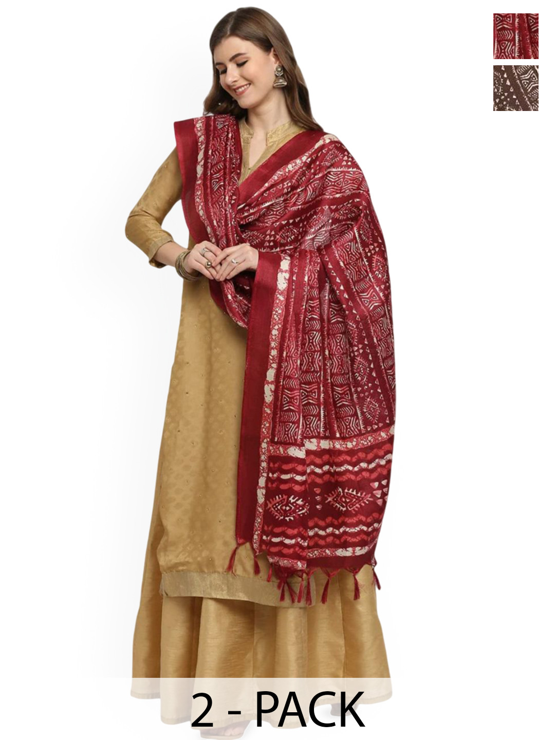 Kemza  Selection Of 2 Cotton Silk Block & Bagru Printed Dupatta with Tassels