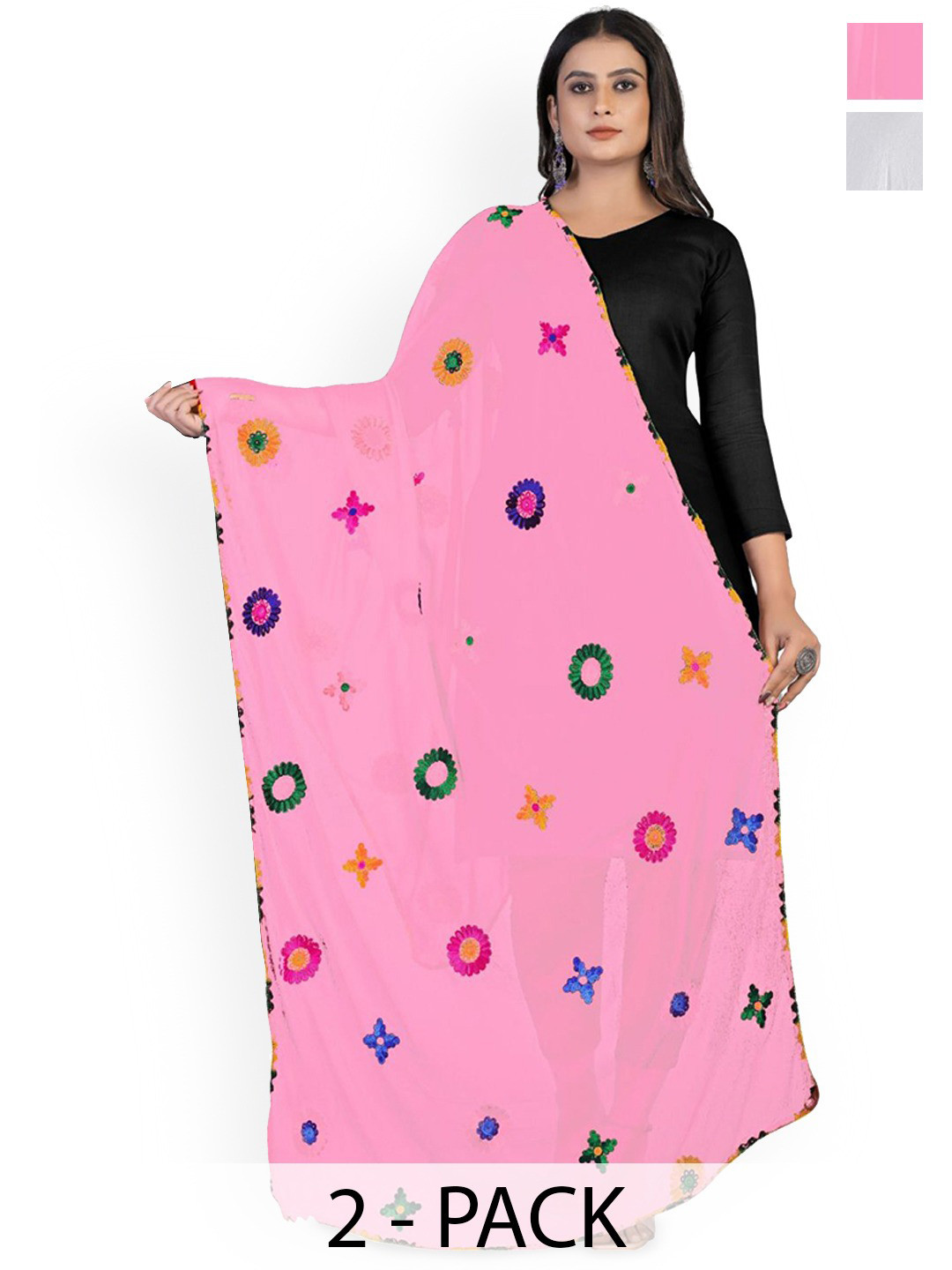 Kemza Selection Of 2 Phulkari & Floral Embroidery Dupattas