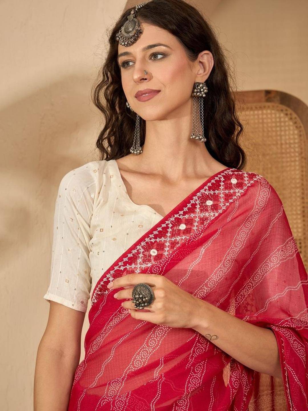 Sangria Bandhani Printed Mirror-Effect Embroidered Saree With Unstitched Blouse