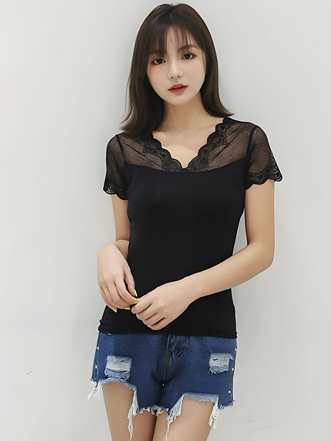 WAVE FASHION Women Self Design V-Neck Short Sleeves Top