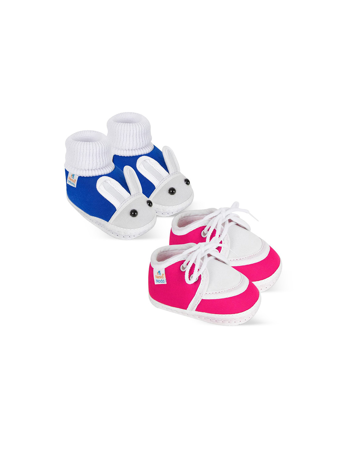 NESKA MODA Kids Set Of 2 Blue & Pink Bunny & Solid Slip On Cotton Booties