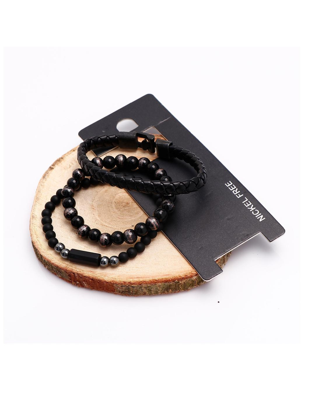 Archies Black Beaded Multilayer Leather Bracelet Set of 3