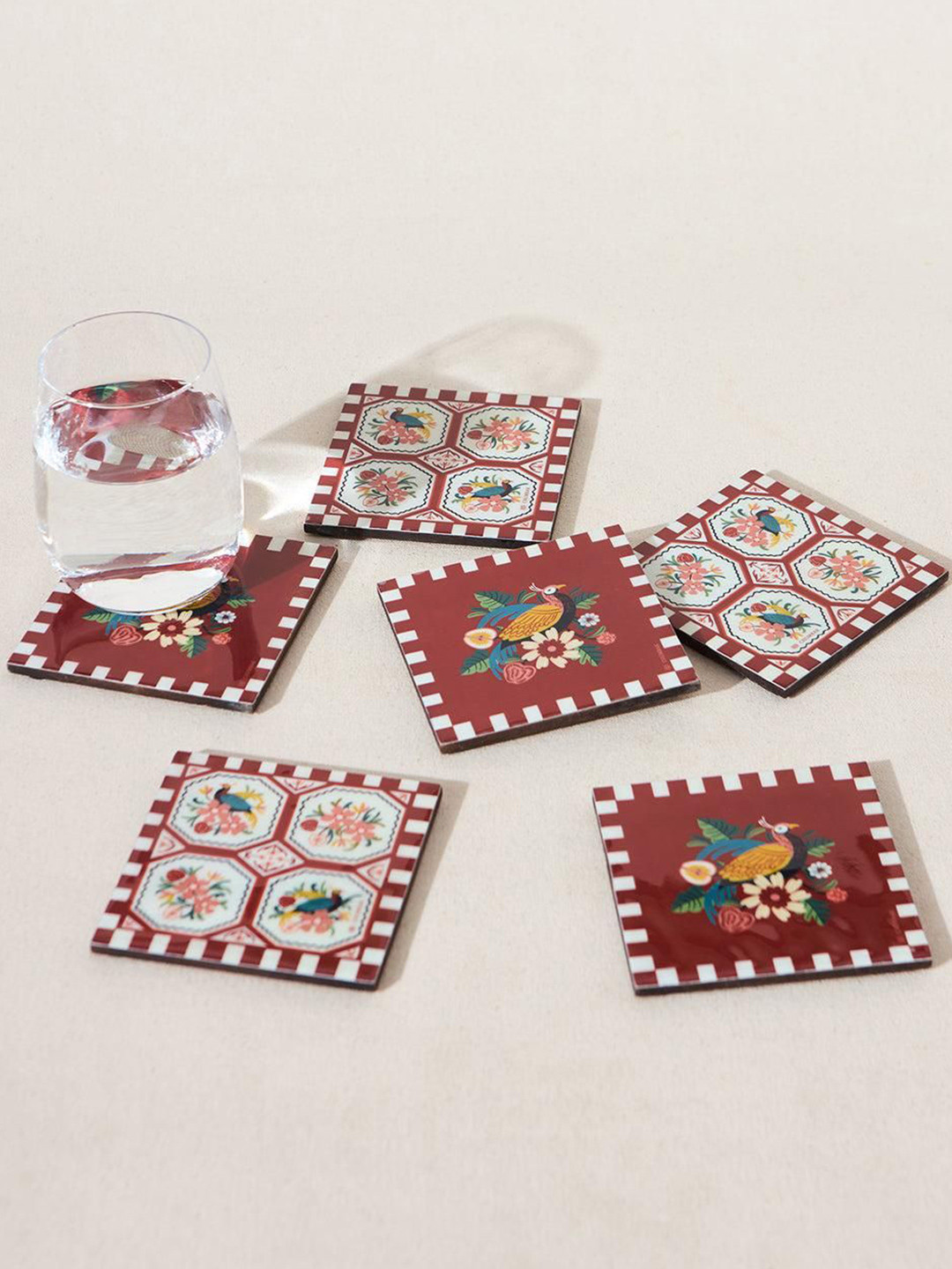 Chumbak Set Of 6 Red & White Printed Square Wooden Coasters