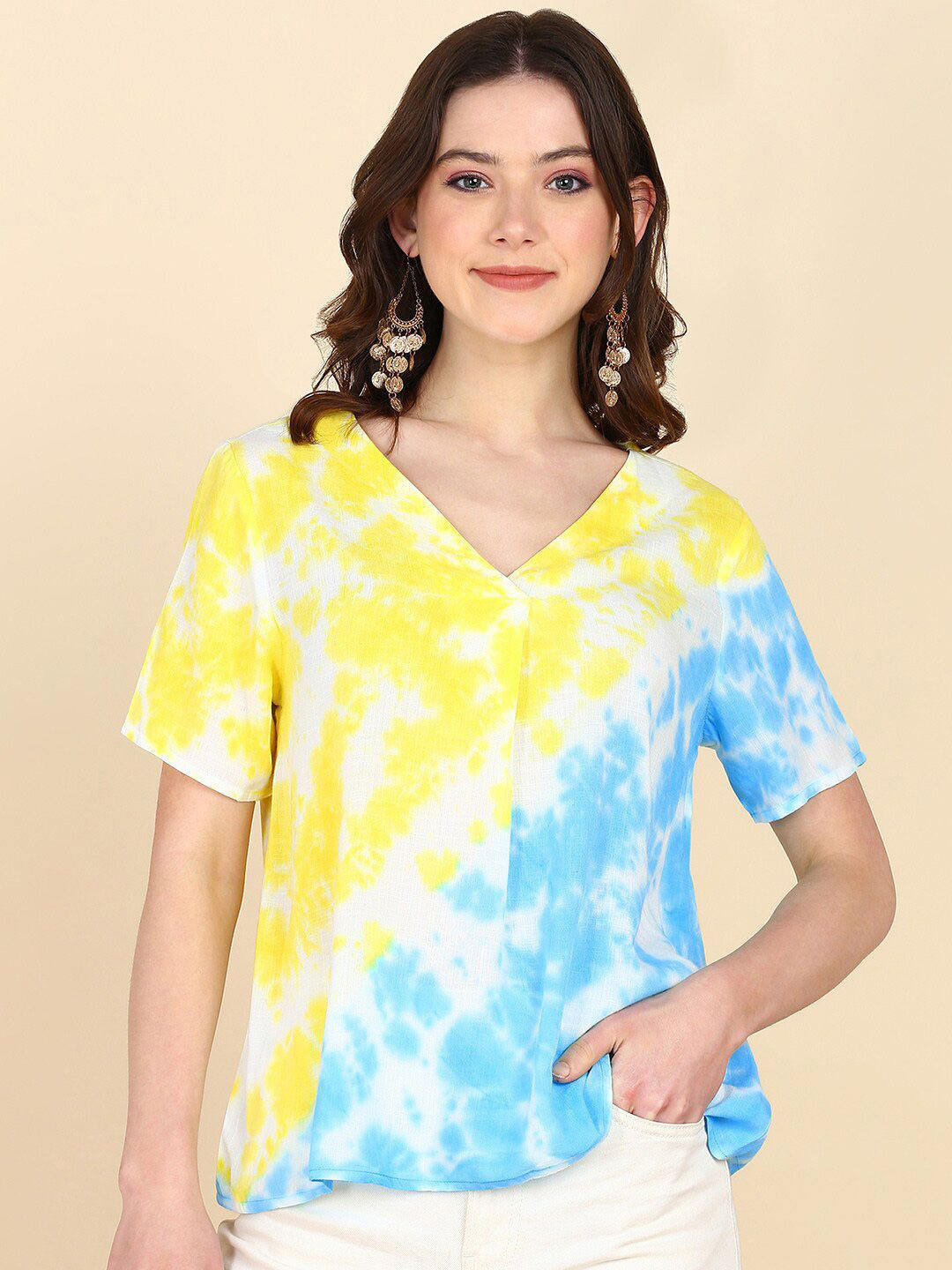 PinkTribe Women Tie and Dye Dyed V-Neck Regular Top