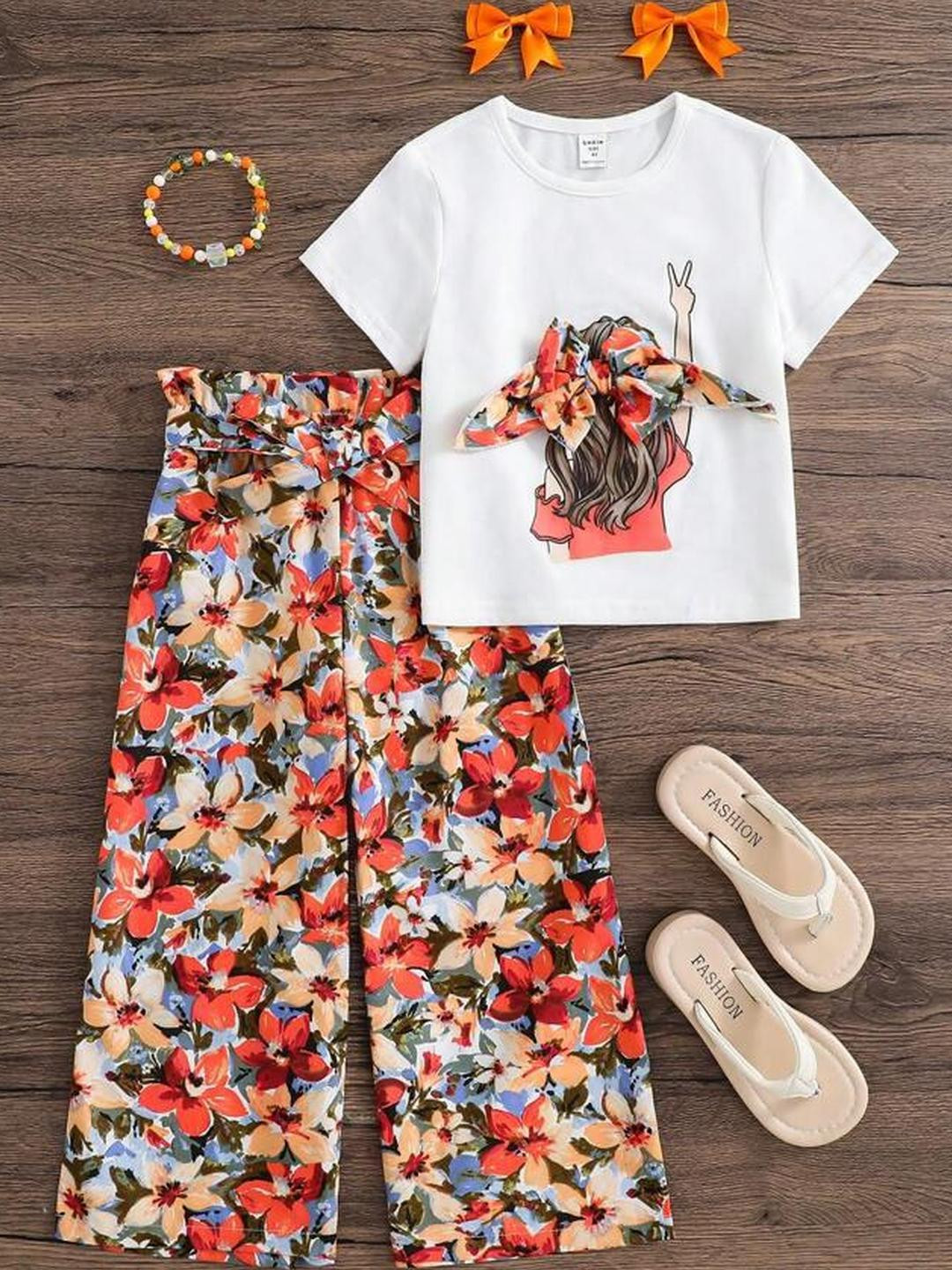 MILILIAM Girls White & Orange Printed T-shirt and Floral Palazzos Set