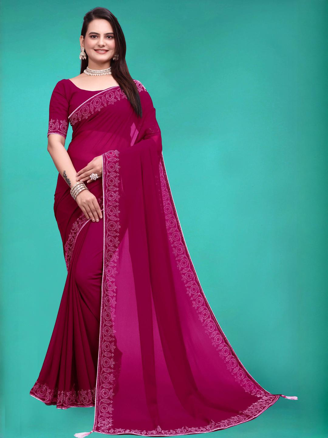 Meaven Tex Embellished Border Beads and Stones Pure Georgette Saree