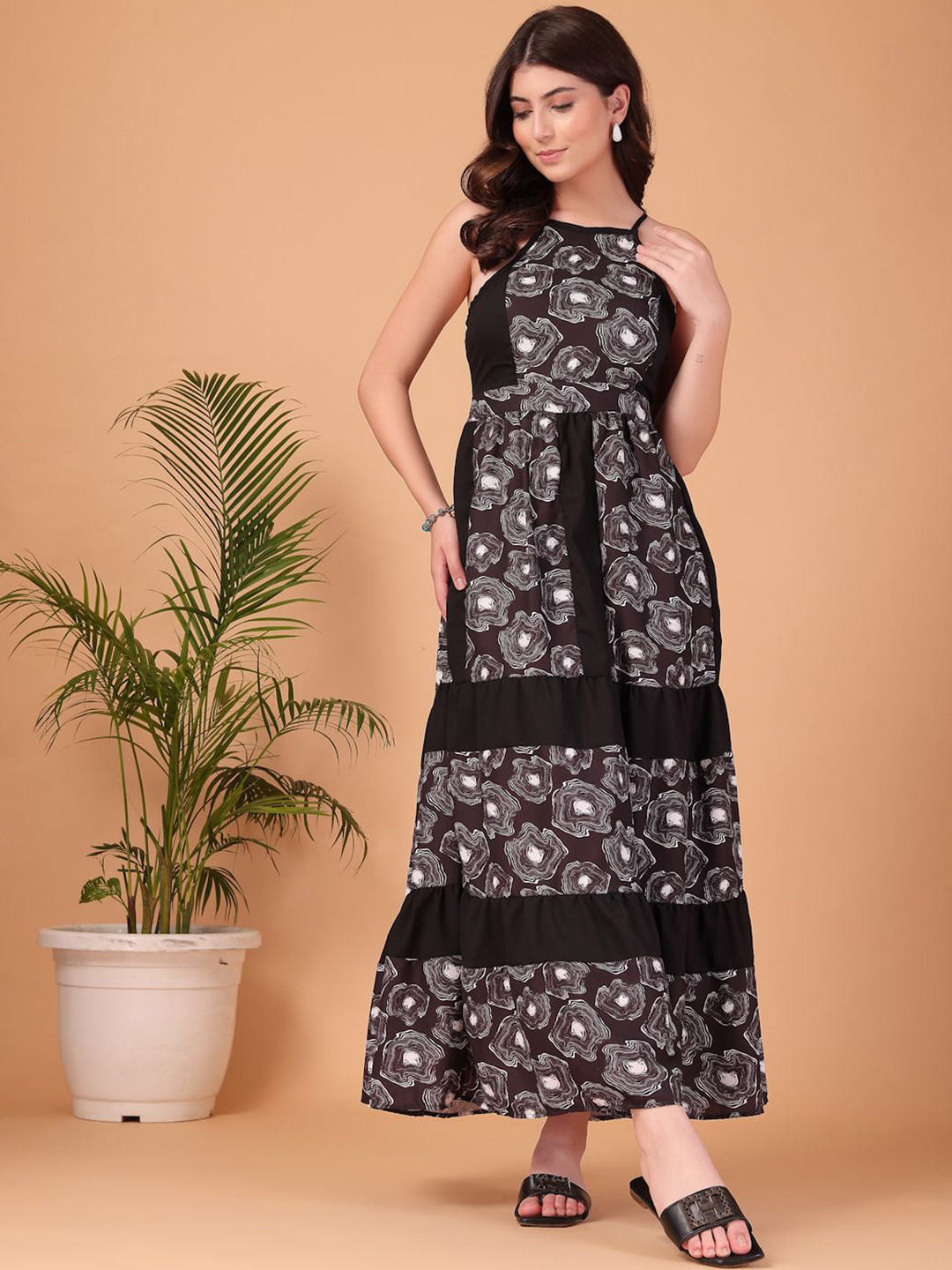CUKOO Women Printed Halter Neck Tiered Fit and Flare Maxi Dress