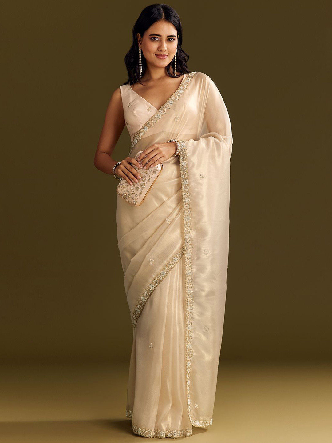 KALKI Fashion Organza Saree With Cutdana And Beads Scallop Border