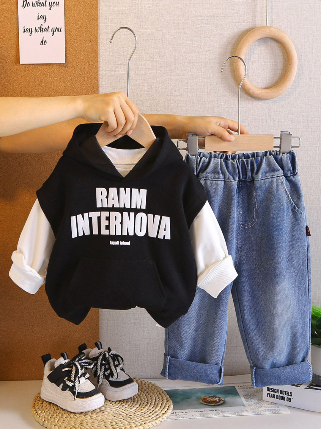 INCLUD Boys Printed Hooded Neck Sweat shirt With T-Shirt & Denim Pants