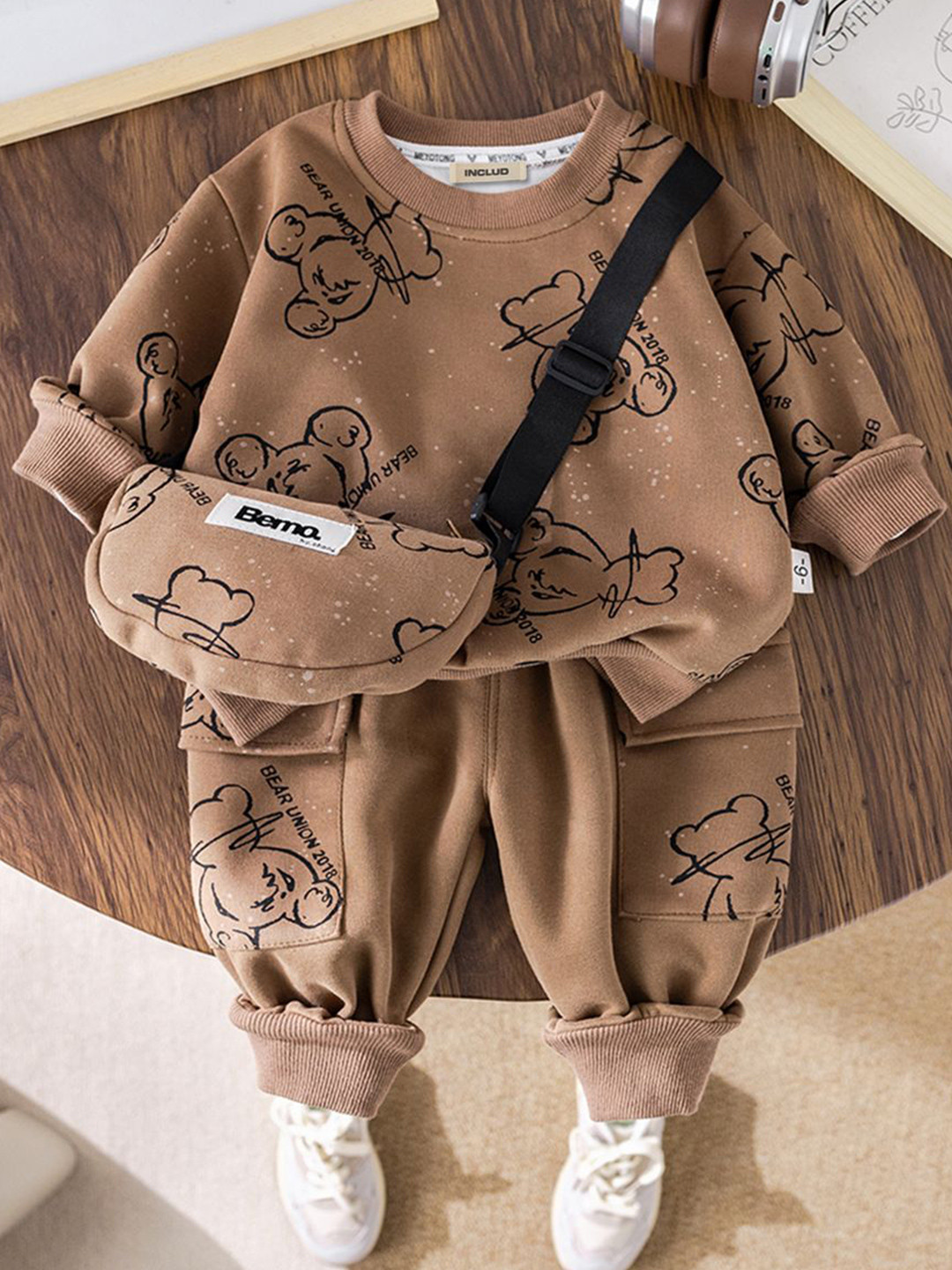 INCLUD Boys Brown Bear Printed Sweatshirt With Sling Bag & Jogger