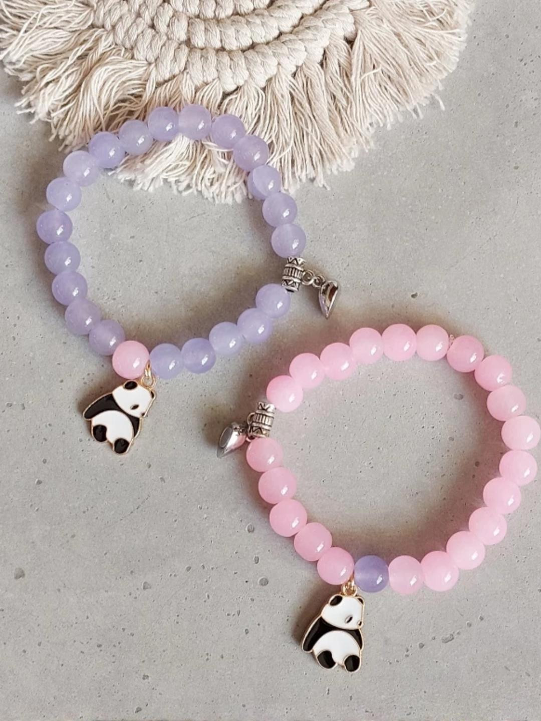 ARISTAL Jewellery Unisex Pink & Purple Set Of 2 Magnetic Panda Friendship Bracelet