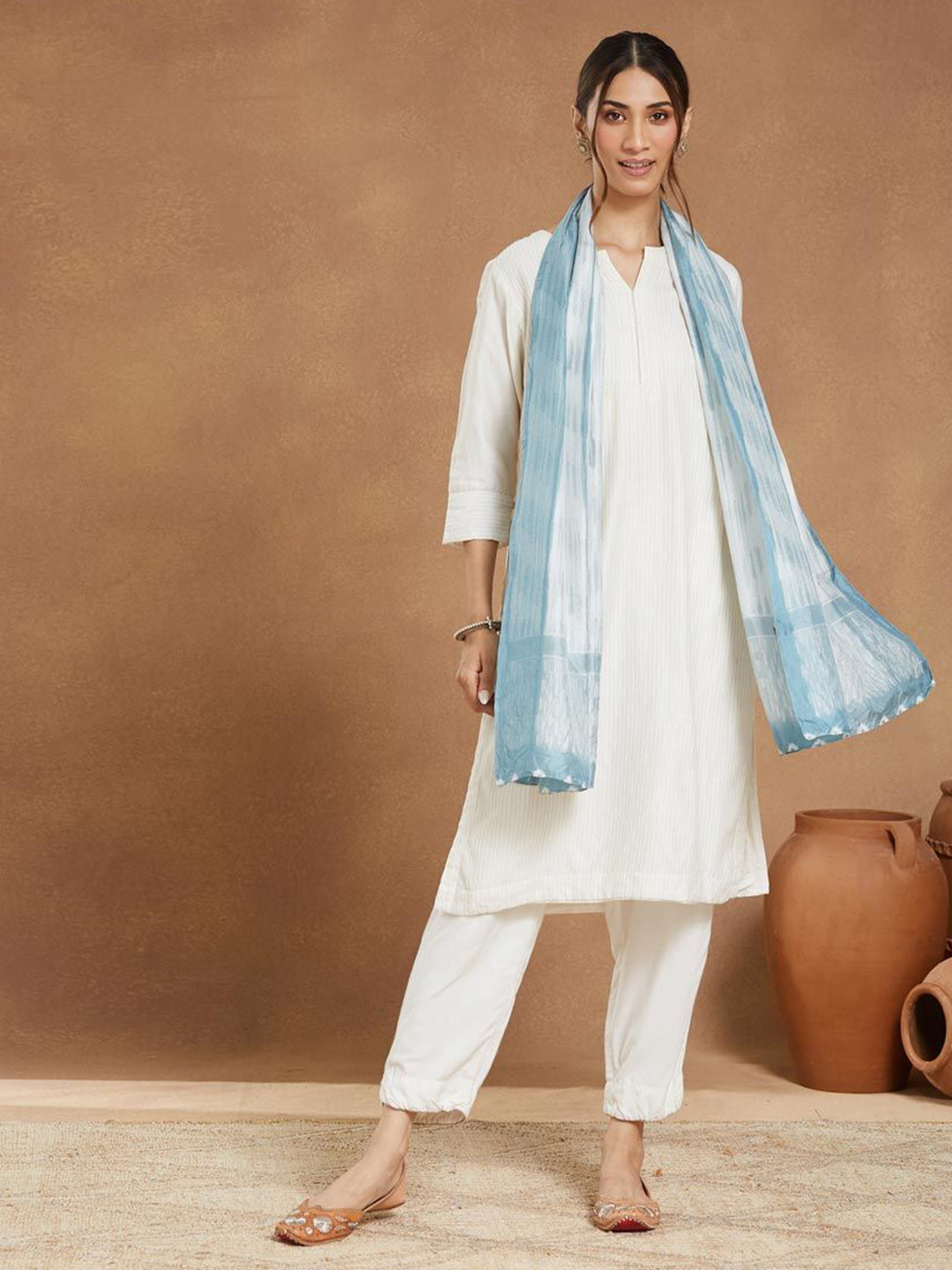 Fabindia Women Light Blue Silk Tie & Dye Stole Stole