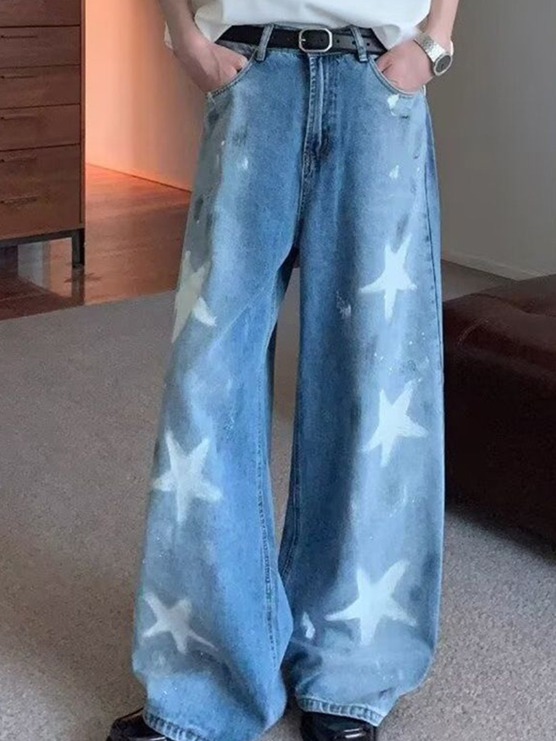 StyleCast x Revolte Men Wide Leg Mid-Rise Star Printed Jeans