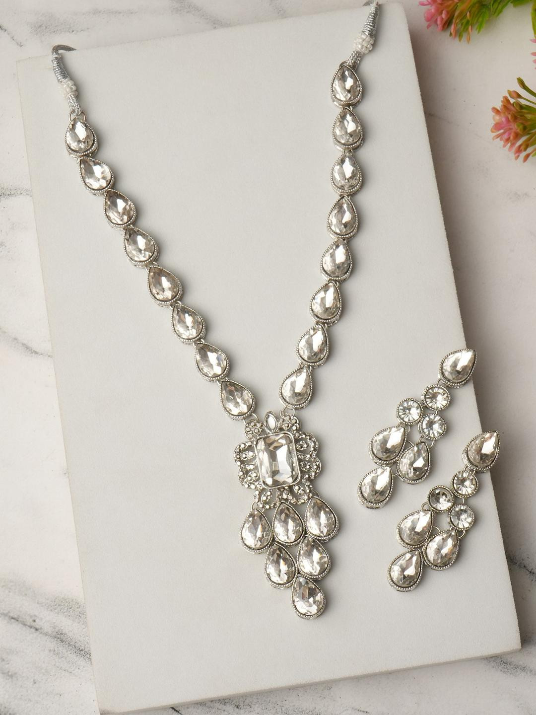 EIT Collection White Zirconic Jewelry Set  with Necklace Earrings & Mangtika for Women