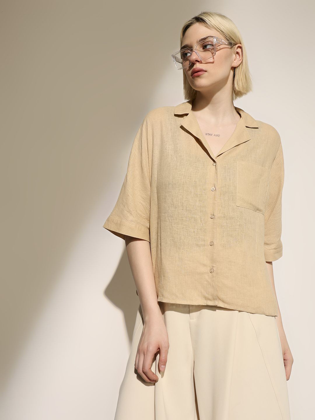 ONLY Spread Collar Extended Sleeves Pocket Oversized Shirt