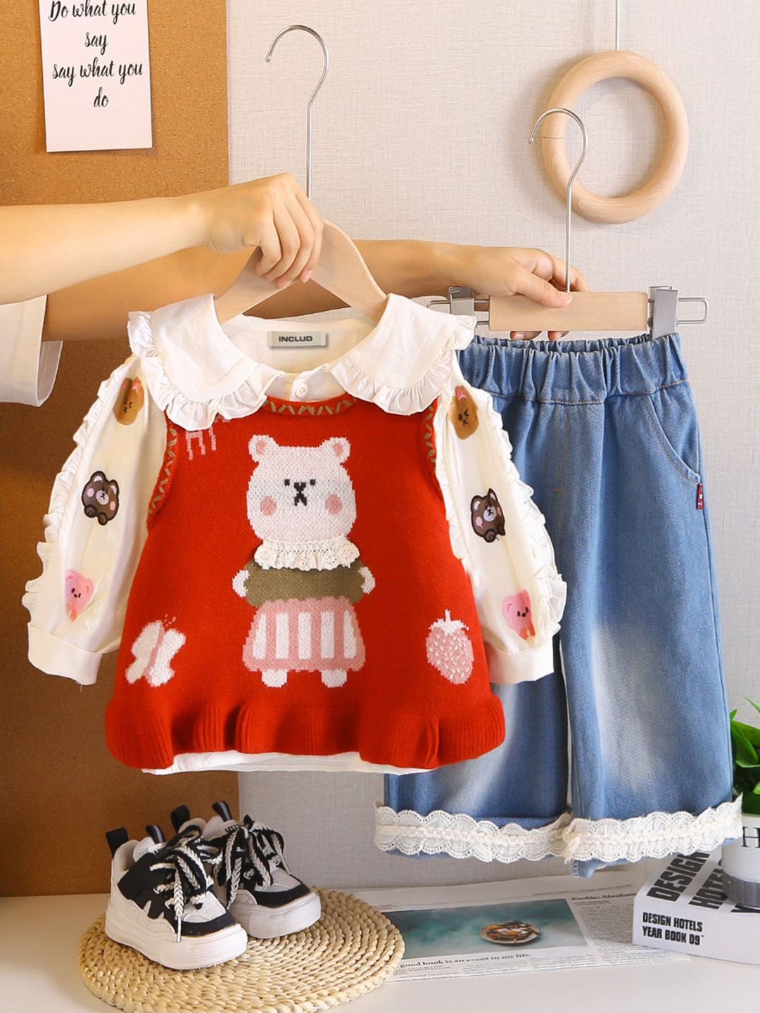 INCLUD Girls Embroidered Long Sleeves Pure Cotton Pullover & Top With Trousers