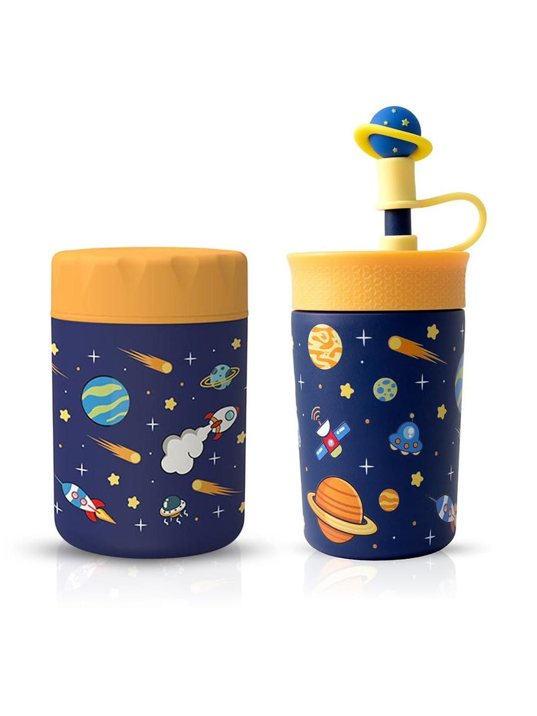 ONE AND ONLY Pack of 2 Blue & Yellow Printed Stainless Steel Tumbler and Jar