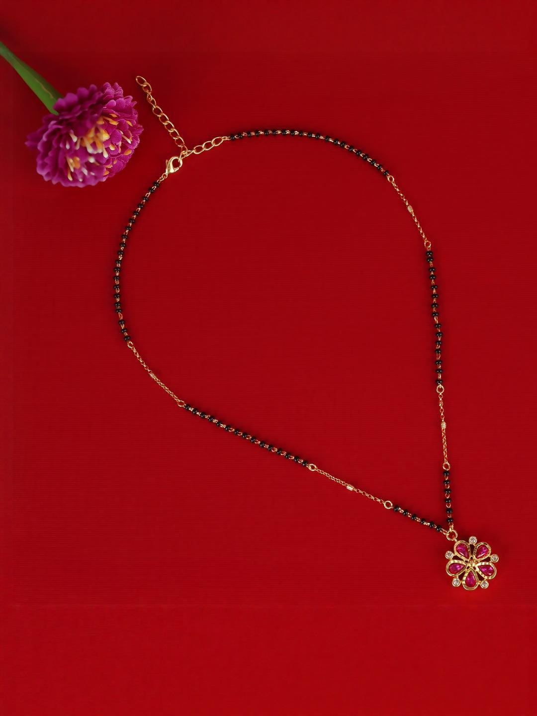 SALONI FASHION JEWELLERY Traditional Flower Design Black Beads Gold Plated  Necklace