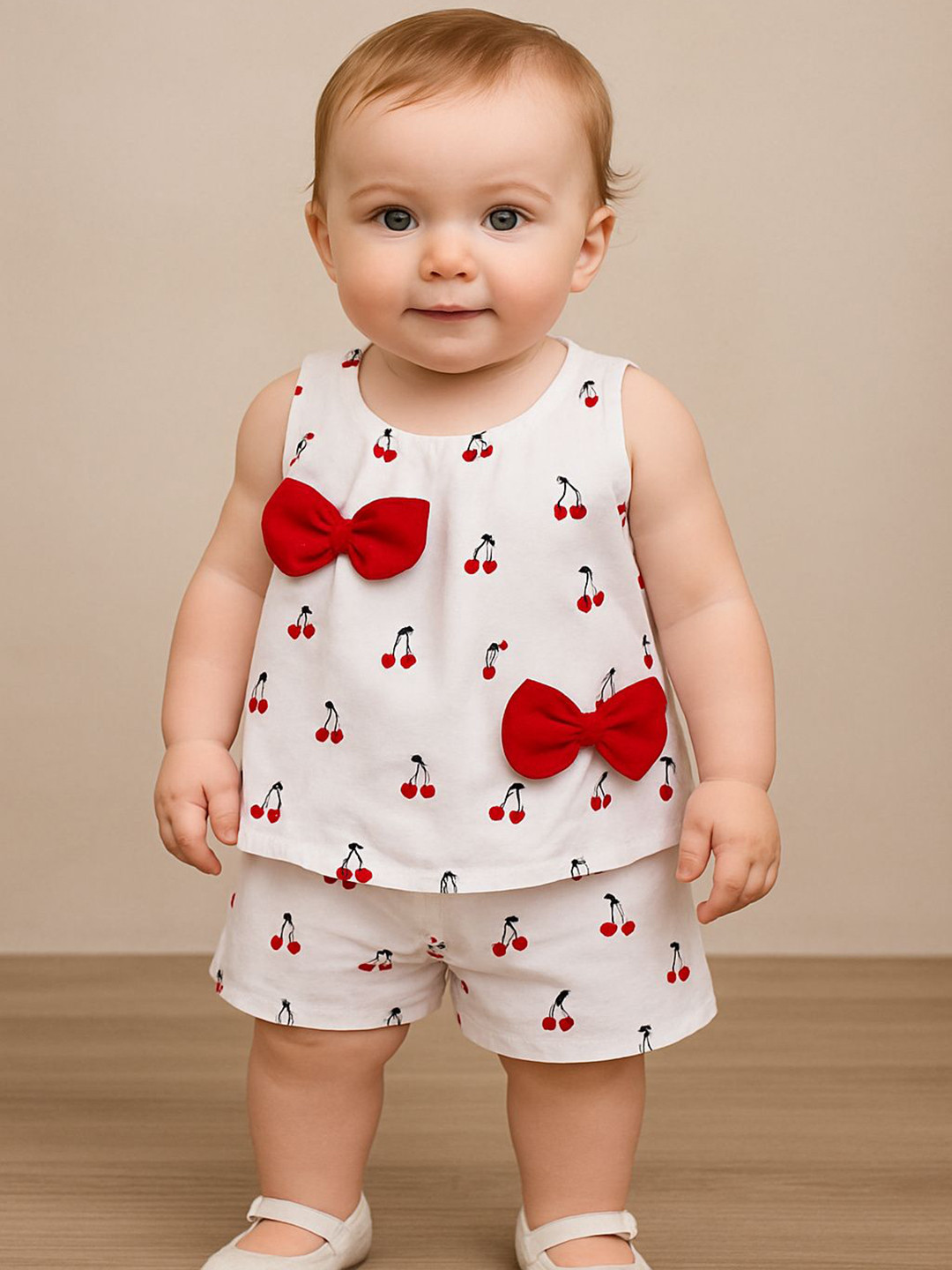 RUBINA DRESSES Girls White & Red Cherry Print Top with Shorts Set